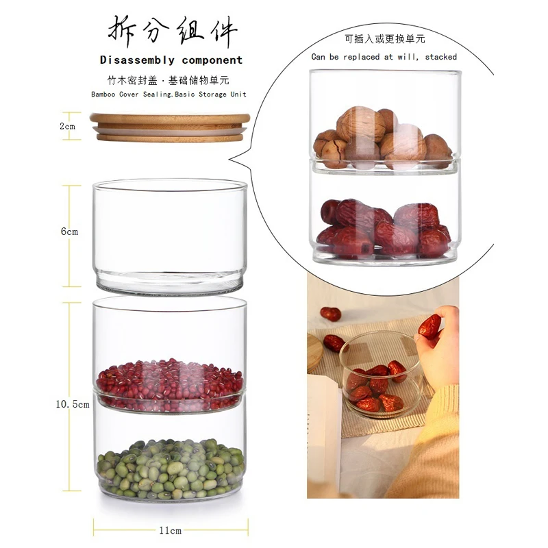 New1200 Ml 3-layer Glass Can Kitchen Food Bulk Container Set for Spice Dry Fruit Storage Tank Salad Bowl Box Mason Jars with Lid 3