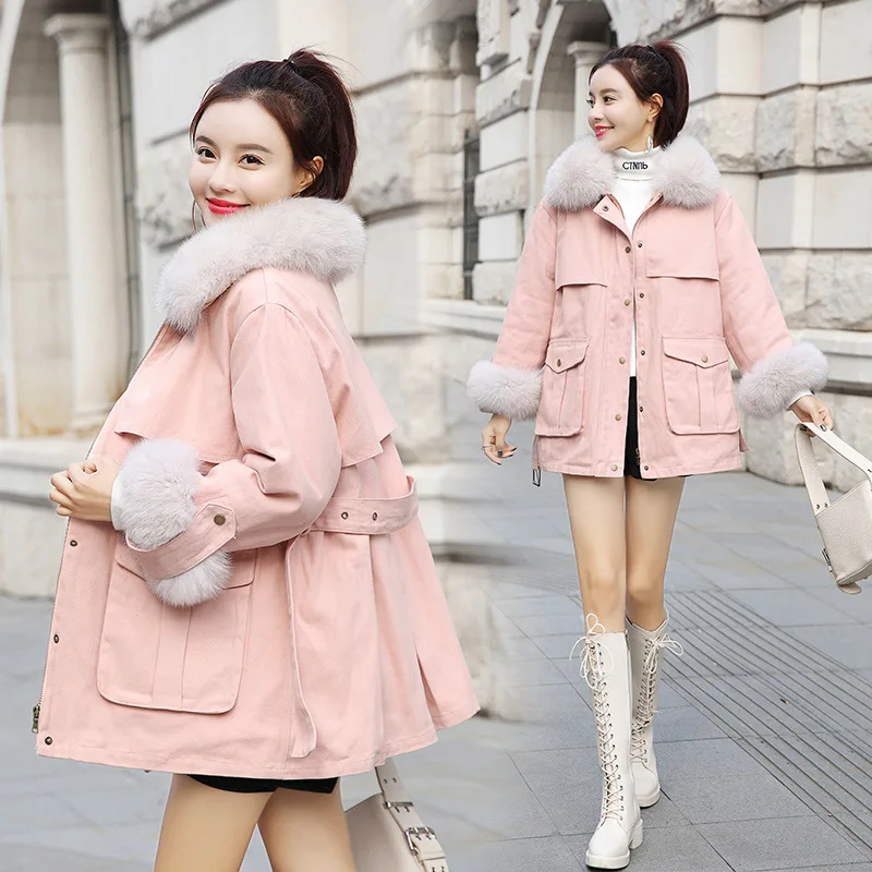 

2019 Winter New Style Korean-style Mid-length Waist Hugging Fur Collar Workwear Brushed And Thick Cotton-padded Clothes Female J