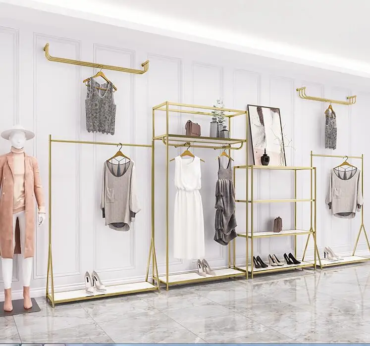 Clothing display rack wall stainless steel gold middle island side hanging shelf of women's clothing store display shelves
