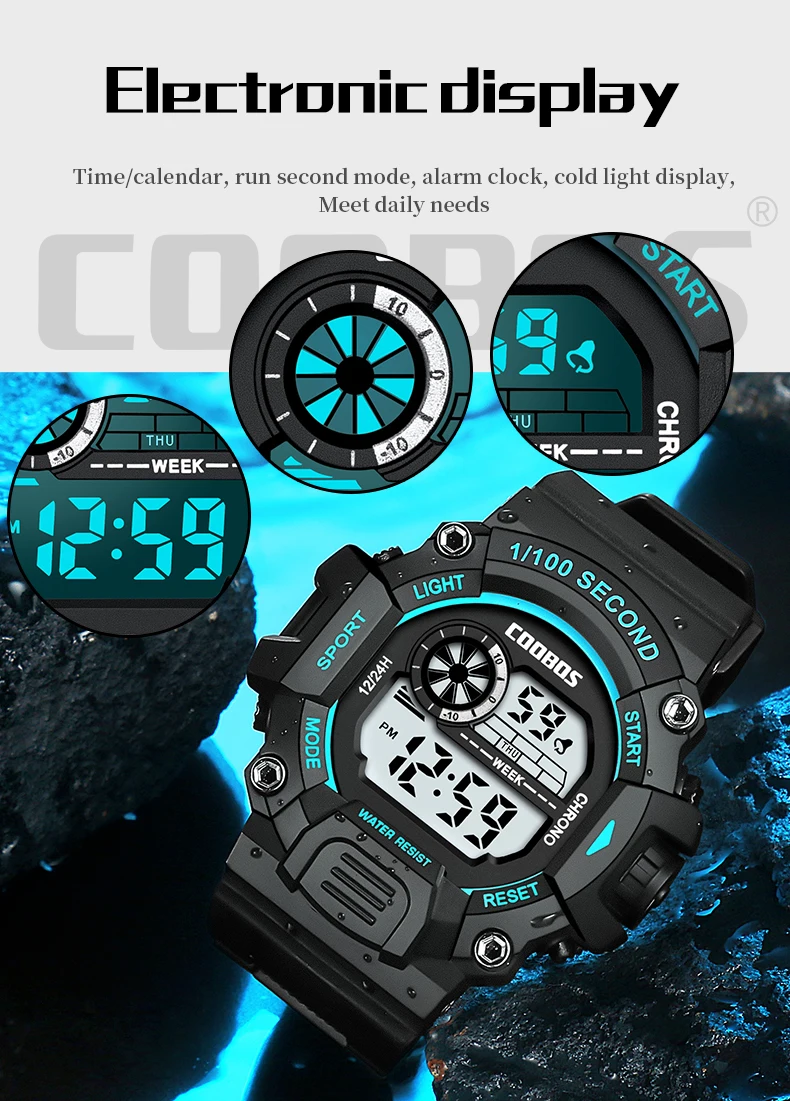 Coobos Men Digital Watch 2022 Birthday Gift Silicone Strap 1/100 Second Sport Clock Green Light Waterproof Wrist Watches for Man