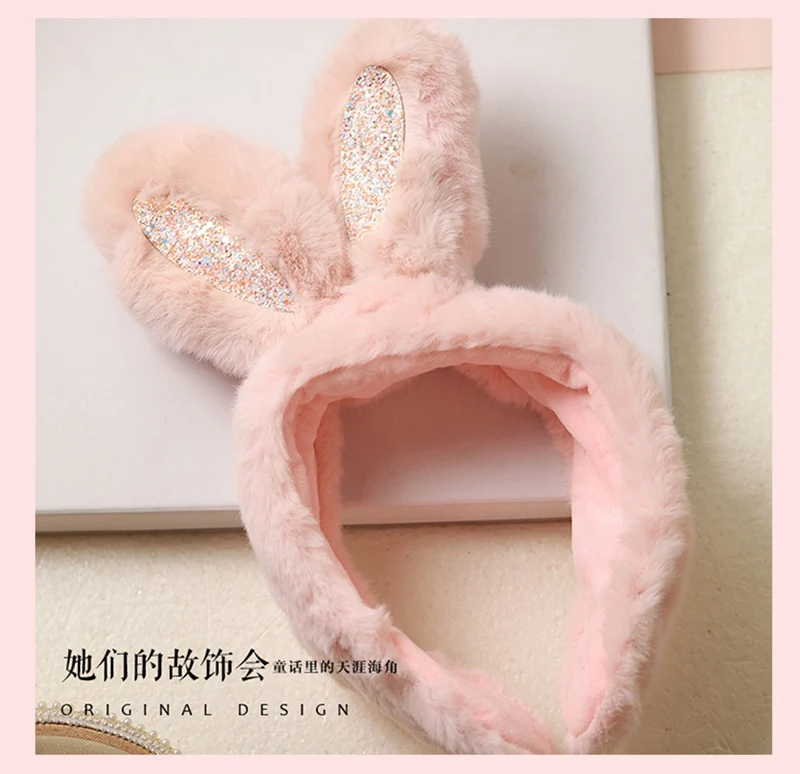 Rabbit Light Pink Лолита зимнее ухо теплые наушники Блестки Кролик кошка ухо муфты уха-лоскут оголовье - Цвет: Rabbit Light Pink