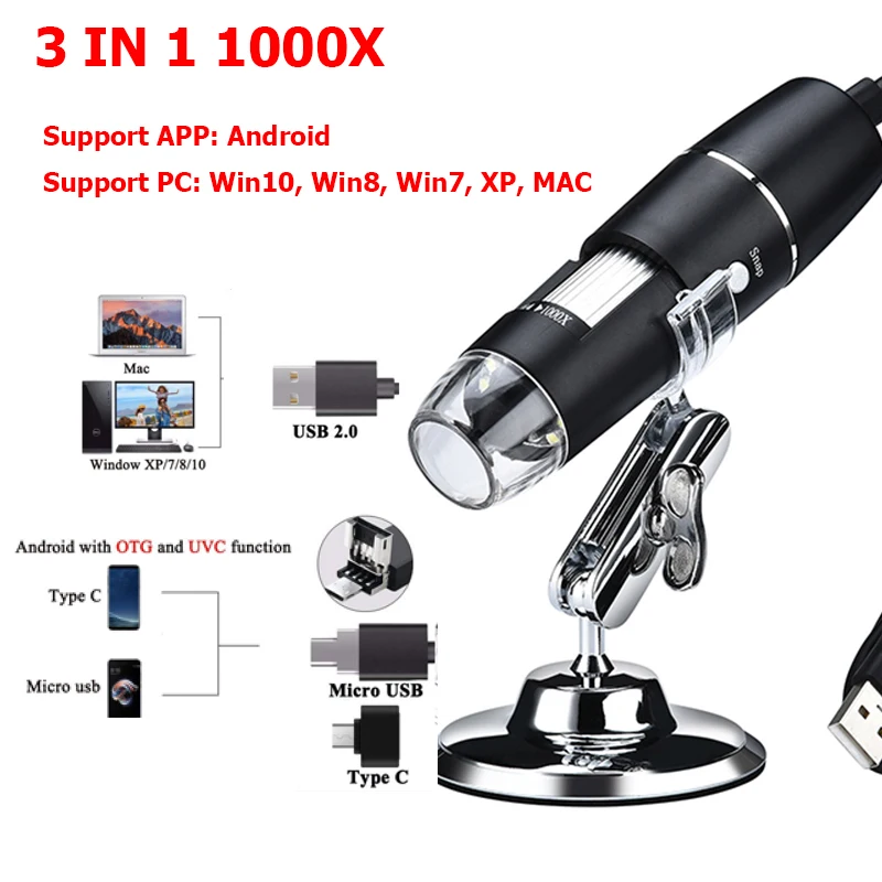 1600X 1000X USB микроскоп портативный цифровой интерфейс Электронные Микроскопы с 8