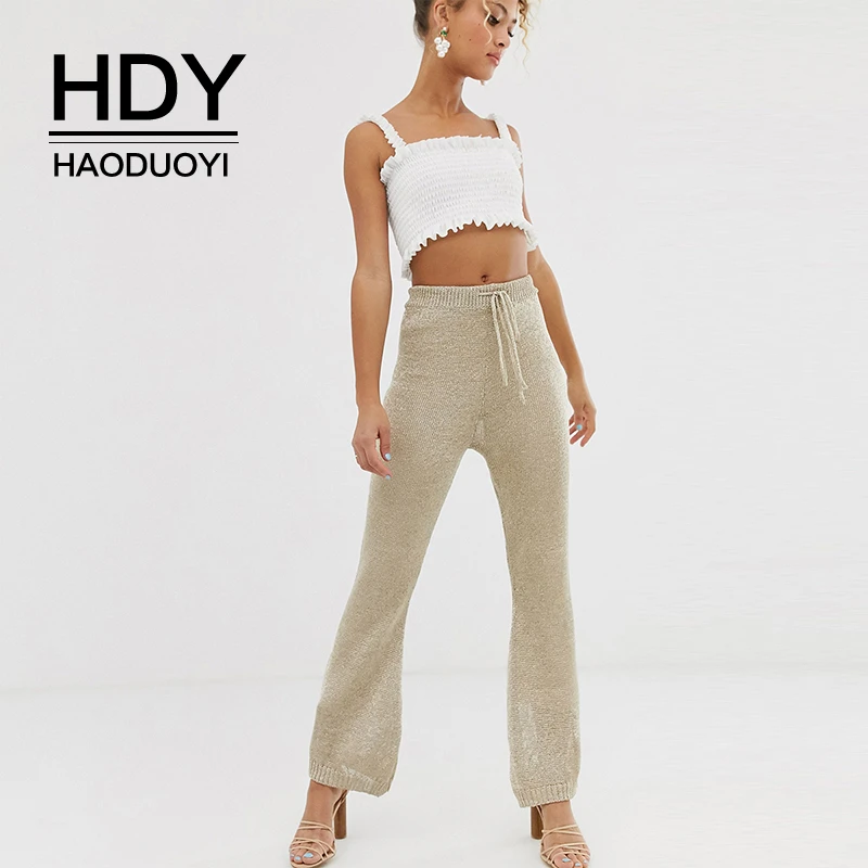 

HDY Haoduoyi New Fashion Autumn Simple Womens Female Knit Plus Size Comfort Waist Spanx Flowy Elegant Tie Pants For Women