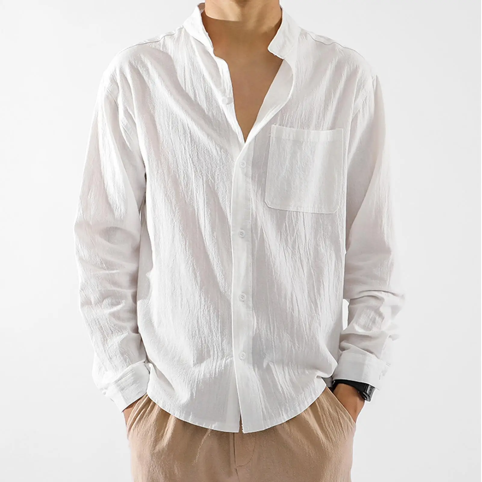 M 2XL Men Solid Color Pocket Stand Collar Buttons Cotton Linen Shirt ...