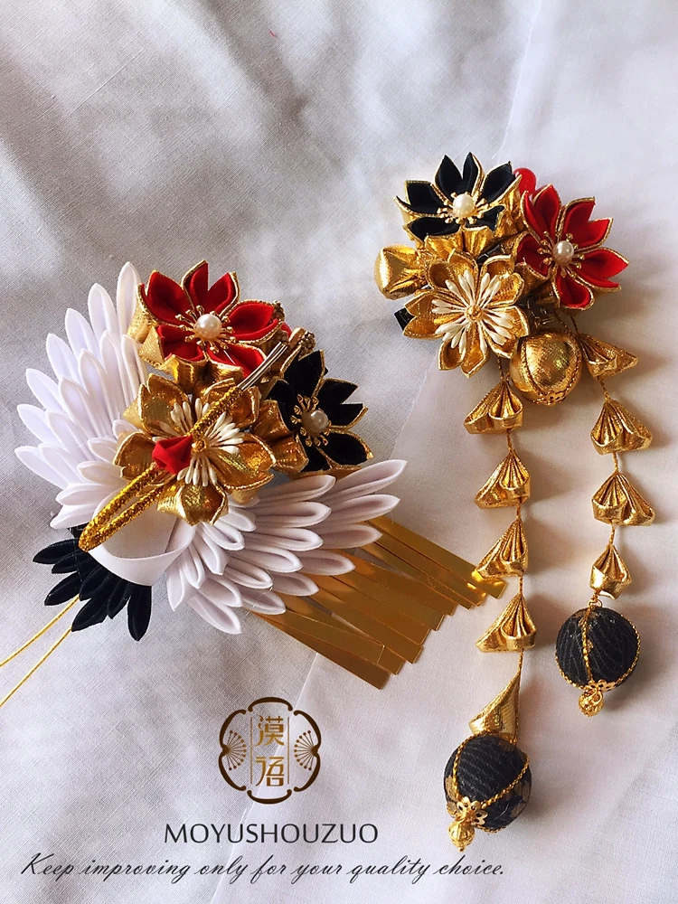Ceny Handmade spinki do włosów Cosplay akcesoria Kanzashi Sakura kwiat pomponem Tsumami Zaiku Kimono Hanfu kobiety Lolita spinki do włosów złoty