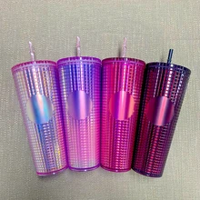 

2022 New Studded Tumbler Cold Cup Plastic Studded Grid Collection Tumbler Pineapple Cup with Straw and Lid