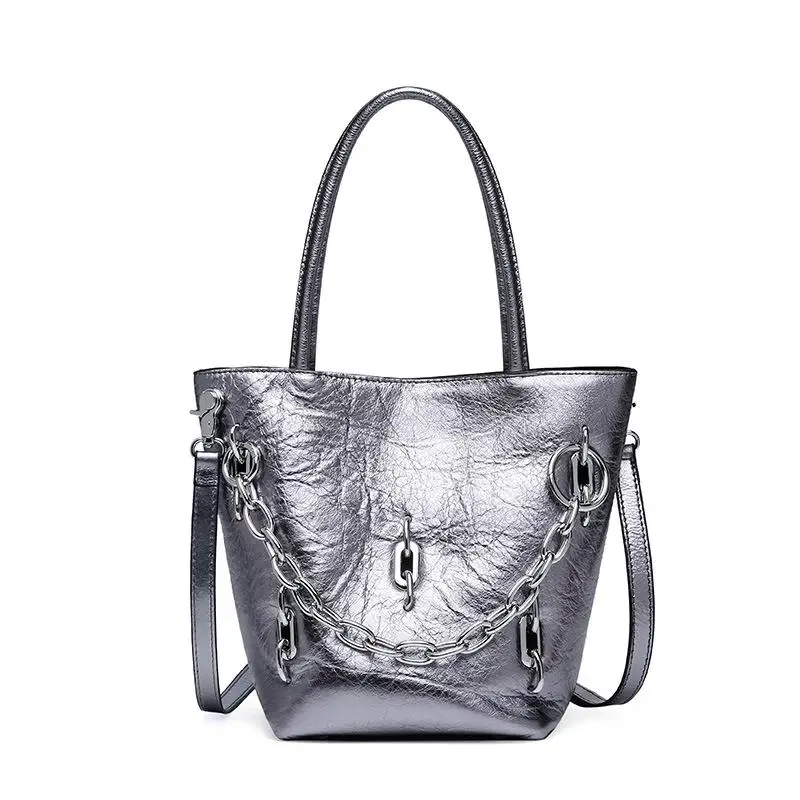 Johnature Genuine Leather Fashion Metal Chain Bucket Women Bag New Solid Color Hasp Soft Cowhide Shoulder& Crossbody Bags - Цвет: Silver grey