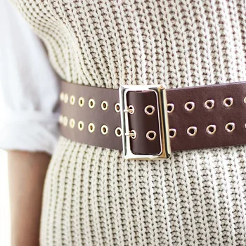 

Fashionable autumn and winter models with double rows of eyes and double pin buckle wide belts