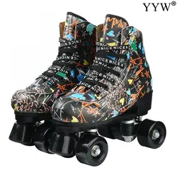 2020 Roller Skates Shoes With Flash PU Wheel Brake Printed Lace-Up Artificial Leather Adult Double Row Women Shorts Track Skates