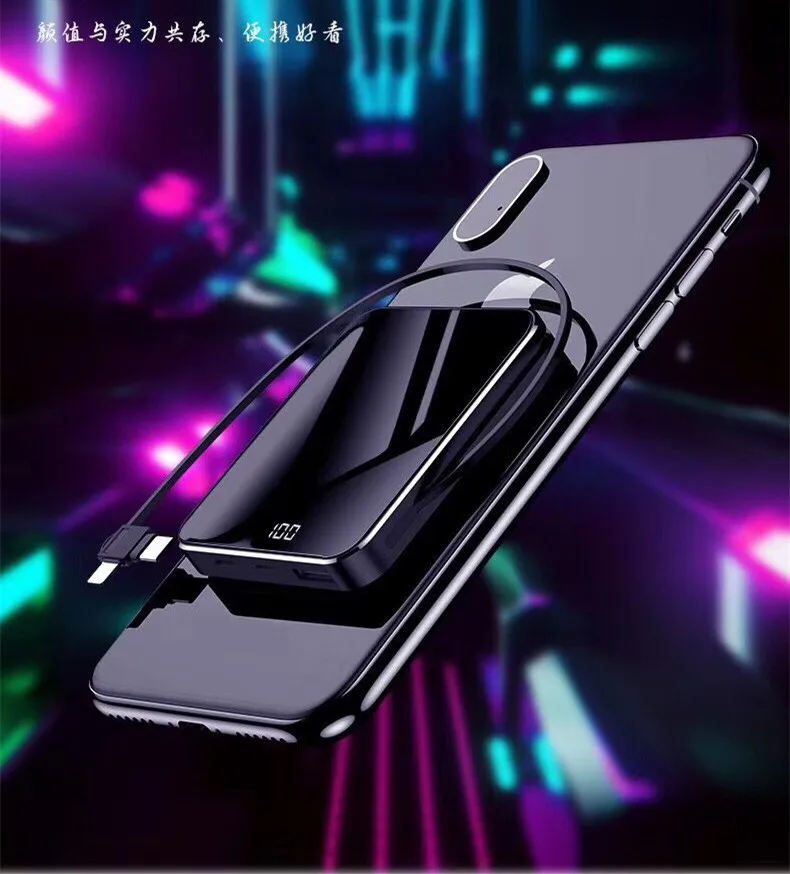 Мини банк питания 10000 Зеркало экран внешний аккумулятор Двойной usb type C банк питания Встроенный кабель быстрого зарядного устройства для iPhone S8 S9