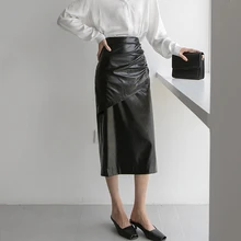 Новая мода Осень Зима Высокая талия спина сплит пакет бедра PU Кожа свободная половина тела юбка для женщин N999