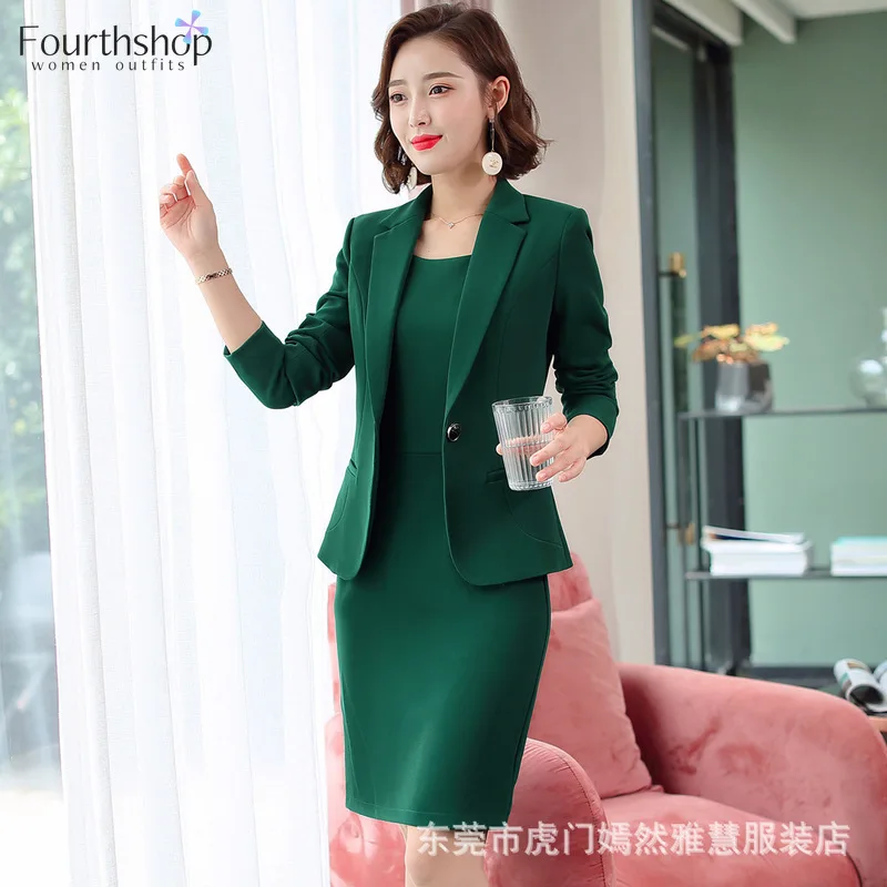 2025 New Fashion Beige Dress Suits Women Business 2 Piece Set Office Lady  Work Wear Uniforms Elegant Dress Blazer Set Outfits - AliExpress 200000345
