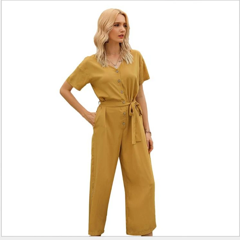 

Summer Fashion Solid Color Jumpsuit Women Round Neck Short-Sleeve Women Rompers Color Waistband Single Breasted Jumpsuit