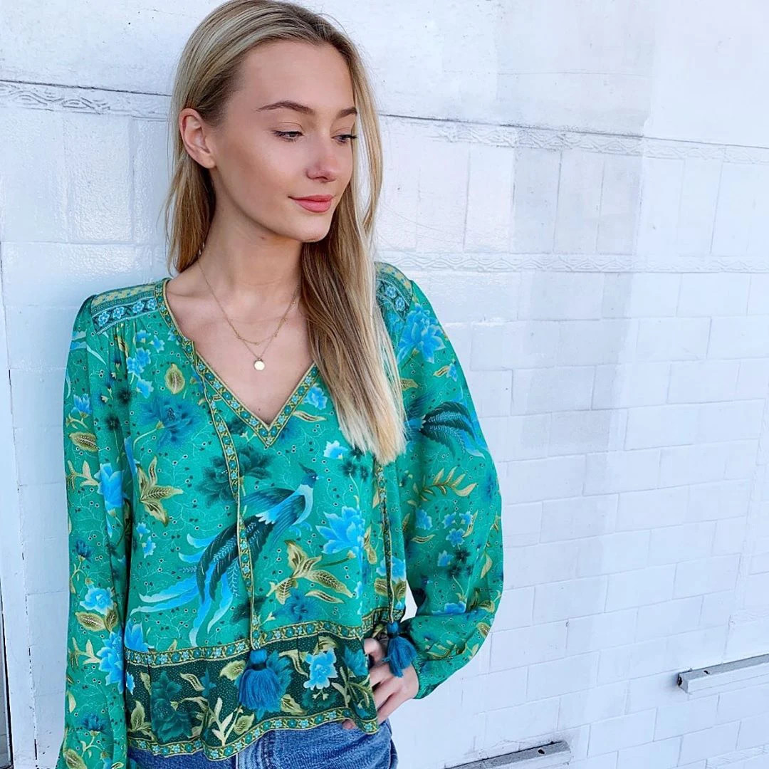 KHALEE YOSE Boho рубашка с цветочным рисунком на осень и лето блузы Ilona длинным рукавом