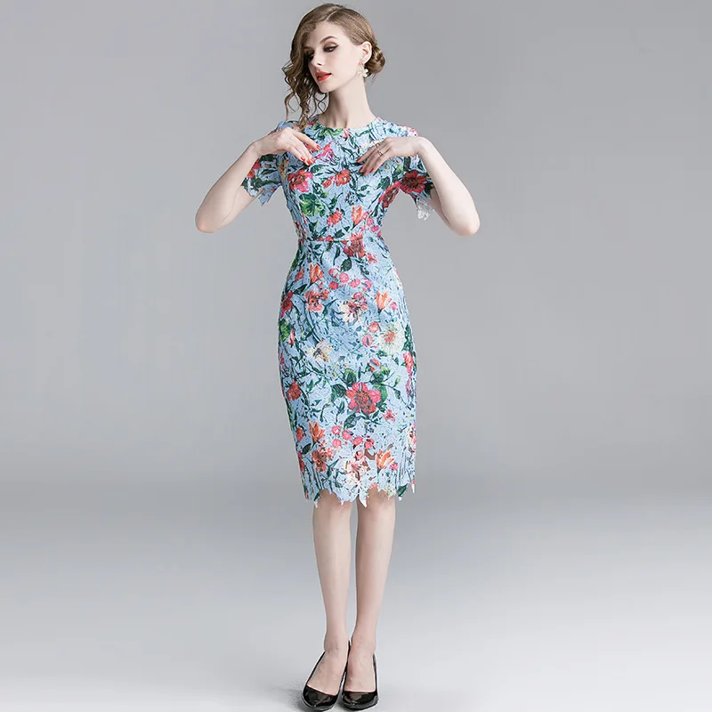 

2019 Spring And Summer New Products Crew Neck Short Sleeve Ornamental Engraving Water Soluble Lace Skirt Mid-length Slim Fit Sli