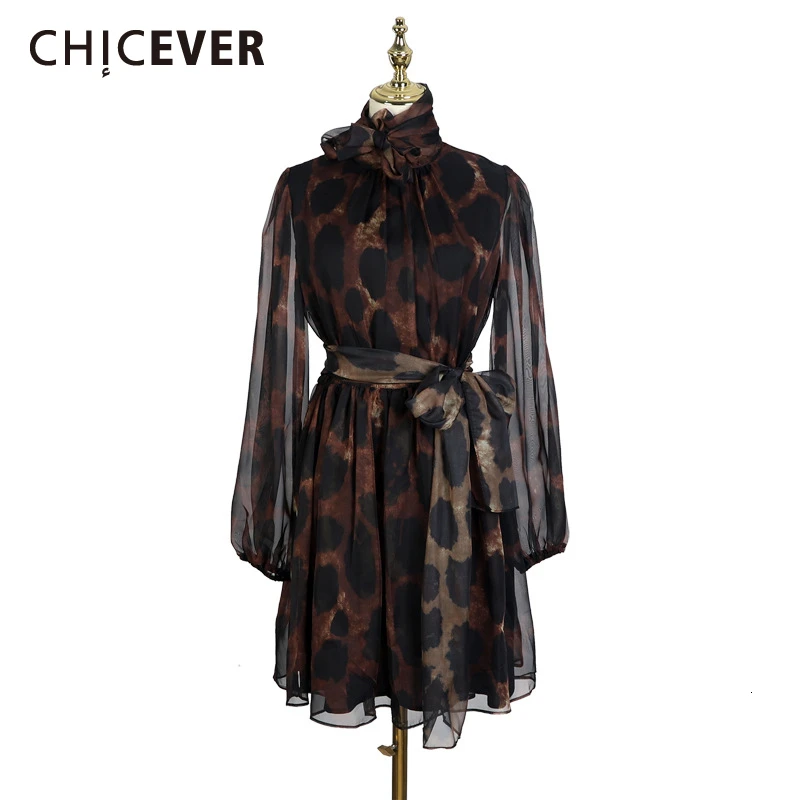 

CHICEVER Vintage Print Leopard Dress Women Stand Collar Lace Up Bowknot High Waist Puff Sleeve Mini Dresses Female 2019 New