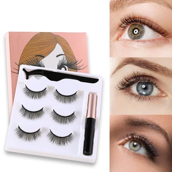 

3 Pairs Magnetic False Eyelashes Eyeliner Eyelash Curler Set Bushy Natural Lasting Magnetic Eyelashes With Magnetic Eyeliner