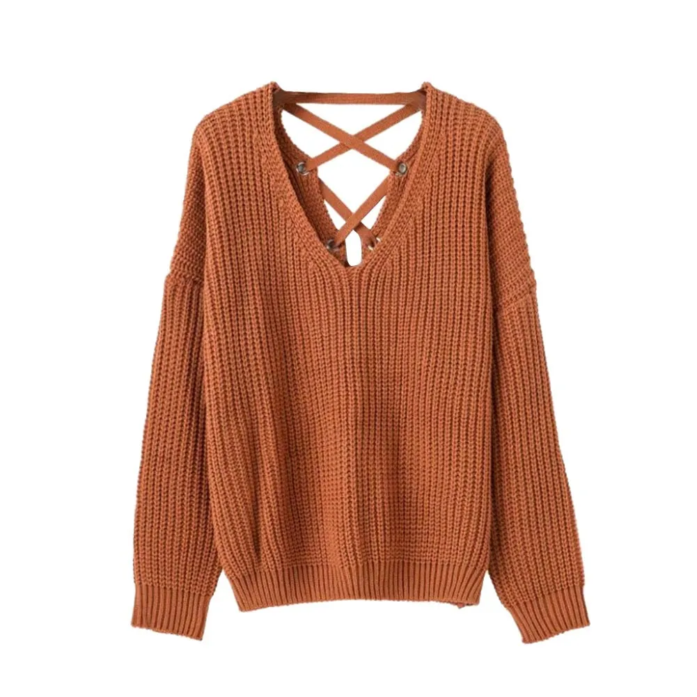 

Women's Jumper Sweater New Long-sleeved V Neck Solid Sexy Back Strap Autumn Winter Fashion Casual Daily Warm Loose Pullover #S