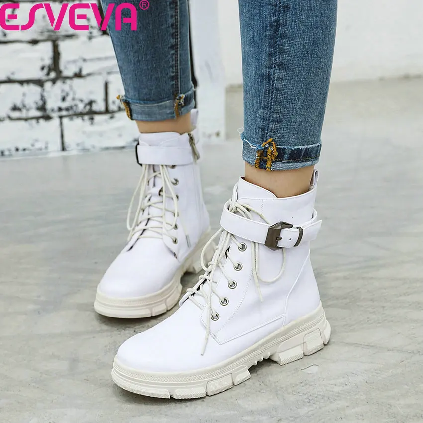

ESVEVA 2020 Platform Round Toe Autumn Winter Ankle Boots PU Leather Lace Up Buckle Zipper Square Heel Women Shoes Size 34-39