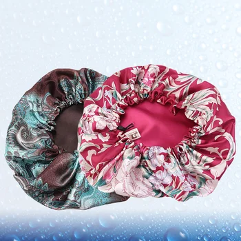 

2pcs Nightcaps Large Satin Double Layer Sleep Bonnet Wide Rim Hat Drawstring Printing Nightcap (Green and Wine Red)