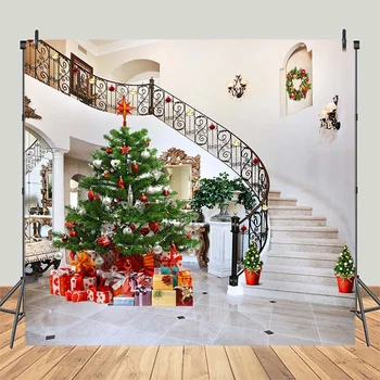 

Christmas Tree Stairs Photography Backdrops Gift Portrait Vinyl Photographic Background Photocall Photo Decorative Banner Studio