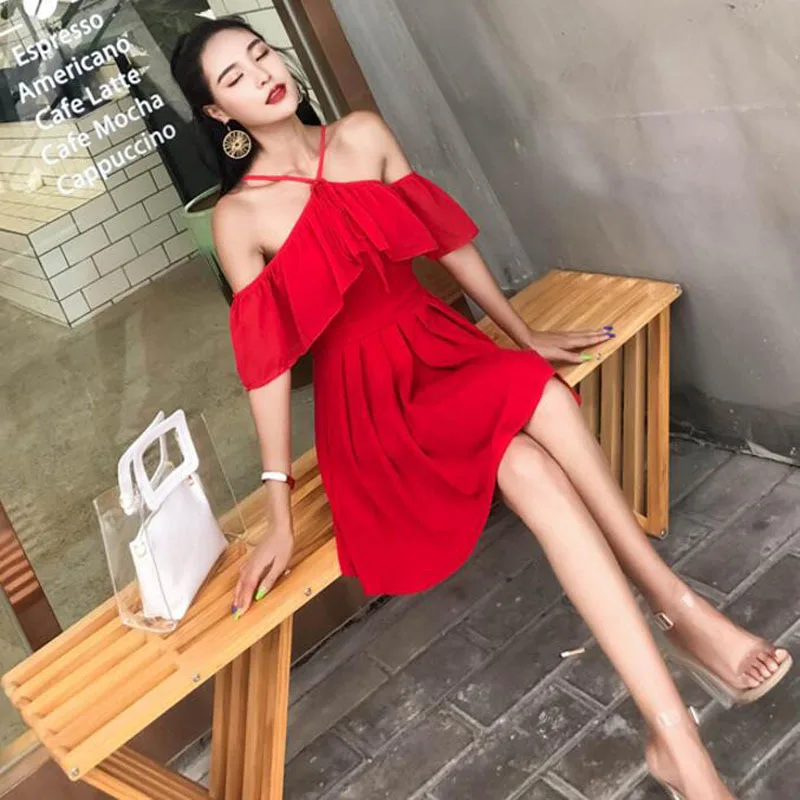 

Dress 2018 New Products Summer Debutante Elegant Halter Flounced off-Shoulder Feminine Dress Women's