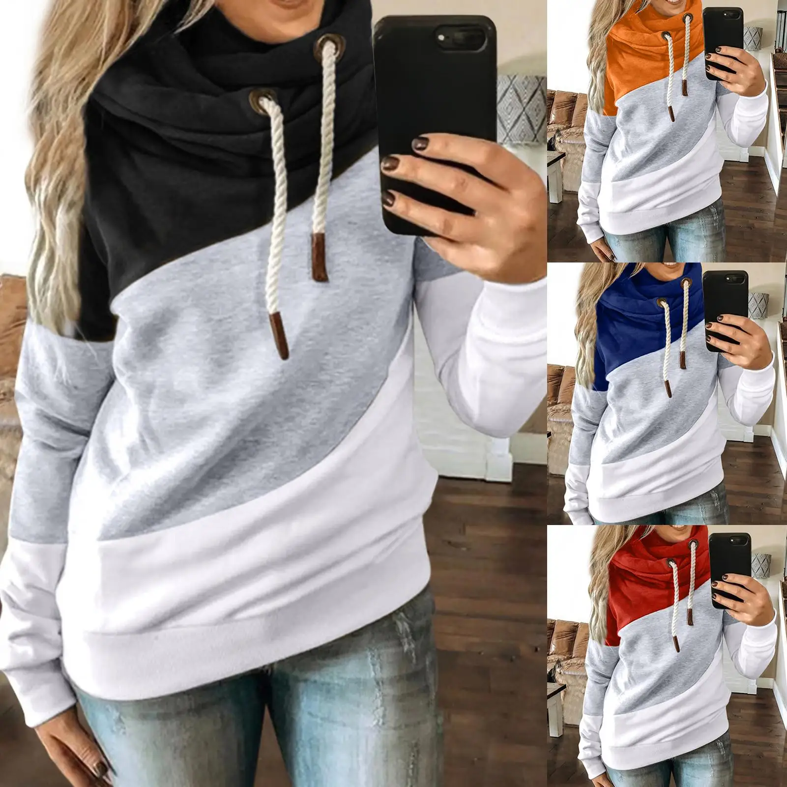 Womens Cowl Neck Sweatshirts Casual Striped Color Block Pullover Hoodies Long Sleeve Drawstring Hooded Tunic Tops Blouse 