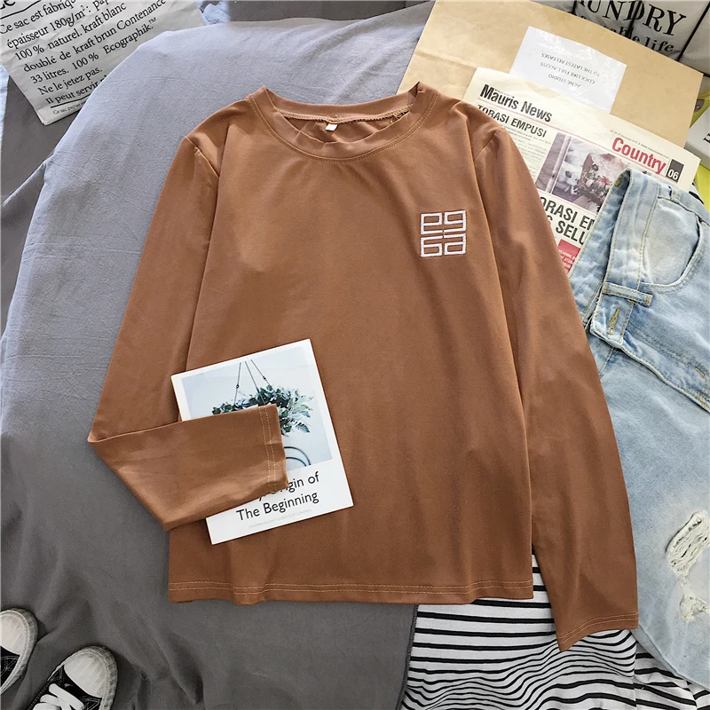 Женская футболка на весну и осень, Harajuku, футболка с вышитыми буквами, водолазка с длинным рукавом, тонкие футболки, женские черные, белые футболки - Цвет: Xian 250 shenkaqi