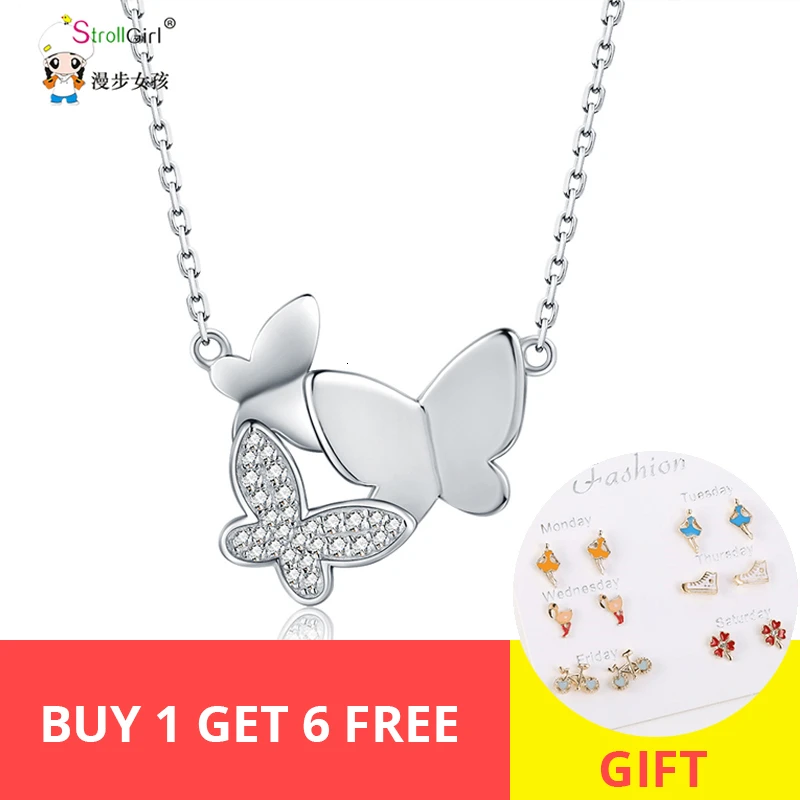 

StrollGirl 925 Sterling Silver Cute Butterfly Pendant Necklace with White CZ Women Fashion Jewelry Valentine Gift Free Shipping