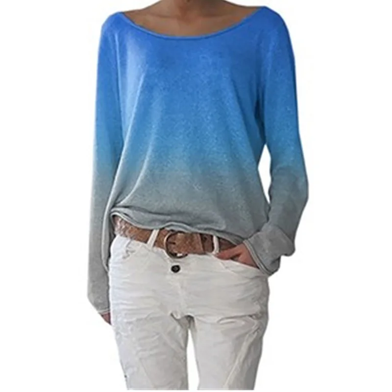 Модная футболка с длинными рукавами для женщин, Осенний топ с круглым вырезом, футболки с градиентом, свободная повседневная футболка, пуловер, женская одежда