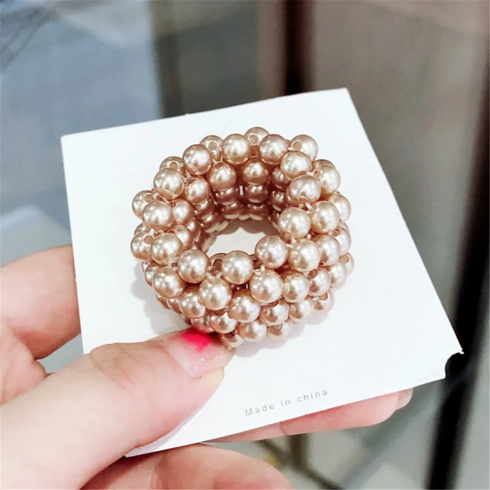 Шампанское Жемчужные бусы Scrunchies модная эластичная, для волос веревки для женщин хвост держатели резины - Цвет: Шампанское