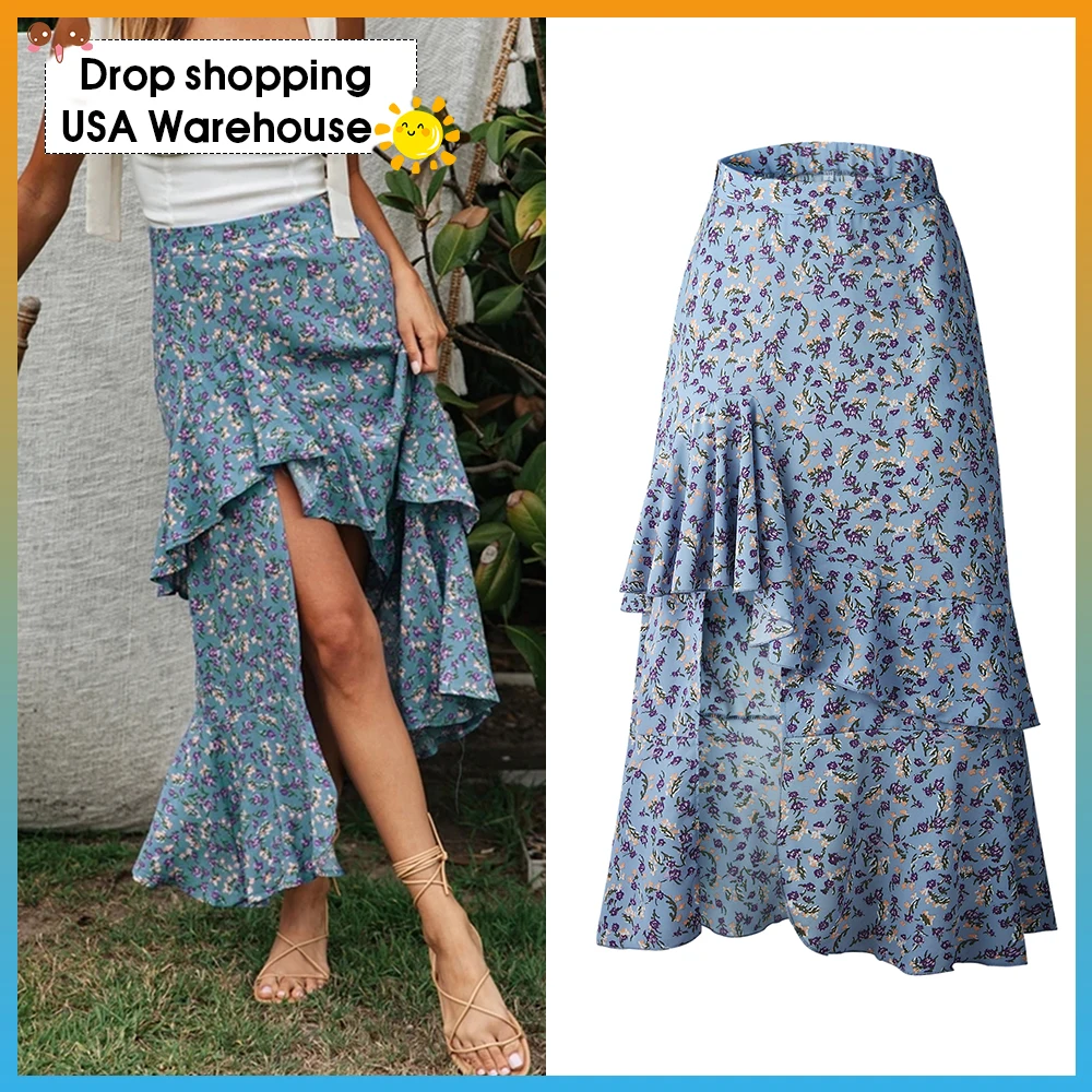

OUSHANG Women Summer 2020 Elegant Casual Boho Long Skirts Beach Holiday Female Skirts Floral Print High Waist Ruffle Skirts
