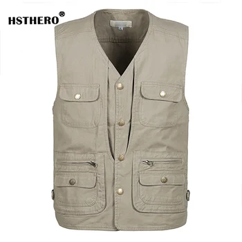 

Cotton Khaki Men‘s Vest Bigger Loose Multi Pocket Photographer Vests V Neck Button Waistcoat For Mens Fishing Walking Working