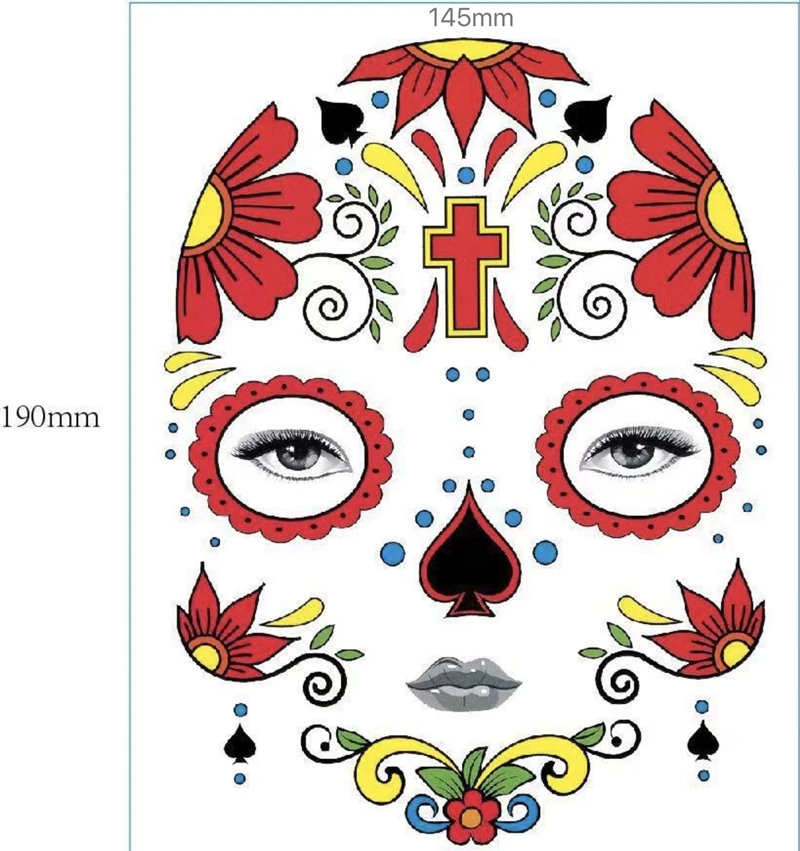 Mexica Day of the Dead Sugar Skull Face временная татуировка Хэллоуин Макияж наклейки для Хэллоуина Маскарад Вечерние - Цвет: 145x190mm 11