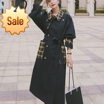 

Autumn New Korean Women's Windbreaker Lapel Patchwork Plaid Pocket Retro Double-breasted Overcoat Ladies Navy