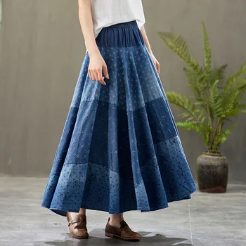 

Free Shipping 2020 New Long Maxi A-line Skirts Women Elastic Waist Spring And Summer Denim Jeans Patchwork Print Vintage Skirts