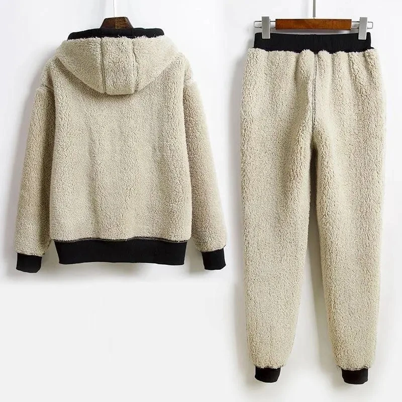 Winter Thicken Warm Lamb Wool Tracksuit Women Two Piece Set Casual Hooded Zip Up Sweatshirt Plus Velvet Pant Suit Loungewear