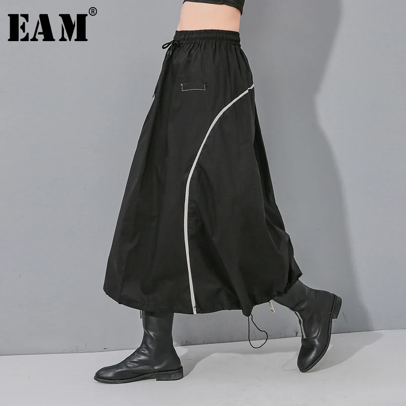 [EAM] черная юбка с высокой эластичной талией, с разрезом, на завязках, темпераментная юбка, женская мода, новинка, весна-осень, 1N476