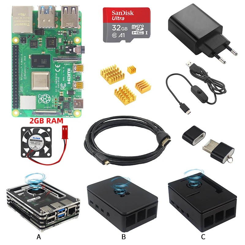 Raspberry Pi 4 модели B 2 ГБ/4 ГБ Starter Kit коробка+ Мощность адаптер+ HDMI кабель+ радиаторы+ 16/32/64 Гб SD карта для Raspberry Pi 4 - Комплект: 2GB RAM with 32GB