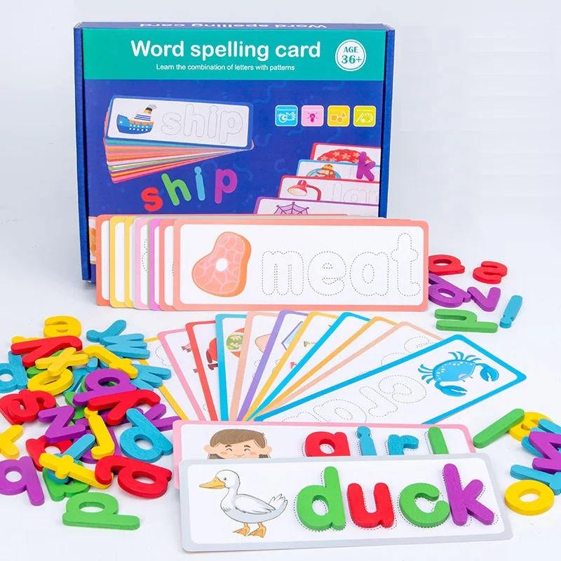 

Kids Spell Words Game 26 pcs Wooden Alphabet Kids Learning Words Cards Spelling English Word Practice Game Educational Toys
