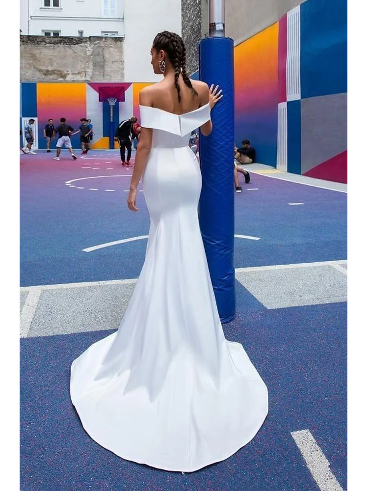 Vintage Mermaid Wedding Dresses With Detachable Train 2020 Off The Shoulder Short Sleeve Pleats Open Back Beach Bridal Gown (7)