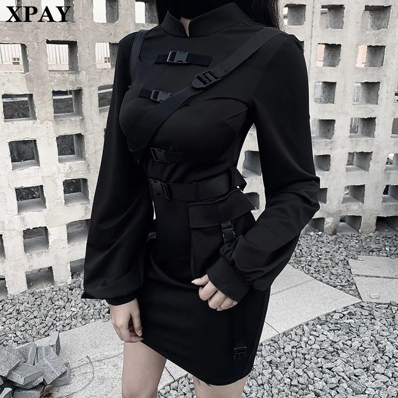 

Long Sleeve Dark Black Pocket Flare Sleeve Skinny Mini Dress Women 2020 New Autumn Vintage High Waist Stand Collar Punk Dresses