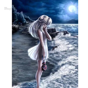 

Full Squareround Drill Diamond Painting Girl by the sea Diamond Embroidery Cross stitch Rhinestone Mosaic Decor GG2495