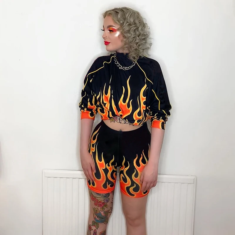 Darlingaga Streetwear Flame Fire Print Two Piece Women Tracksuit Festival Loose Pullover Top Biker Shorts Outfits Matching Sets