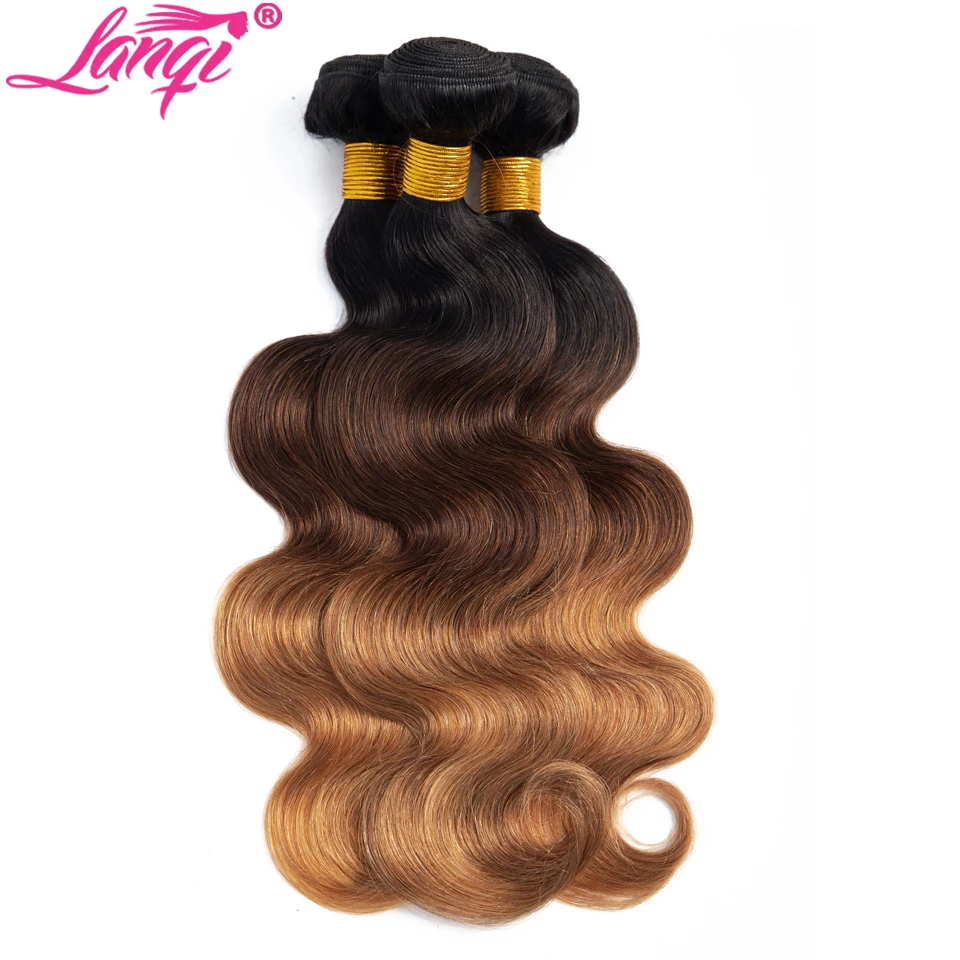 Lanqi hair Brazilian Body Wave Hair 3 Bundles With Closure honey Blonde bundles with closure T1B 4 30 Human Hair 3 tone Ombre Bundles With Closure
