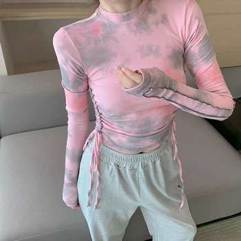 

Half Turtleneck Tie-dyed T-shirts Crop Tops Girls Printing Pink Full Sleeve Sided Drawstring Casual Patchwork Tshirts Tees Woman