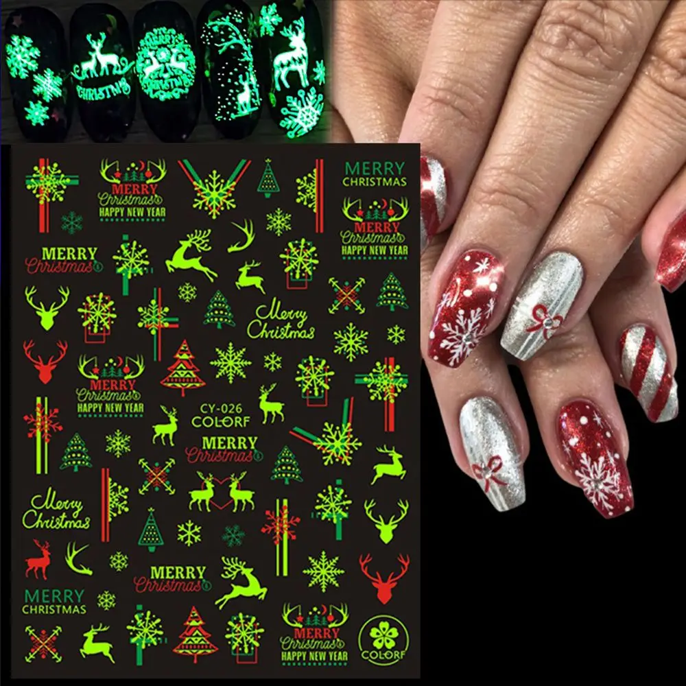 

Nail Art Sticker DIY Nail Slider Decals Decoration Cartoon Christmas Luminous Fluorescent Snowflake Elk Manicure Ornaments