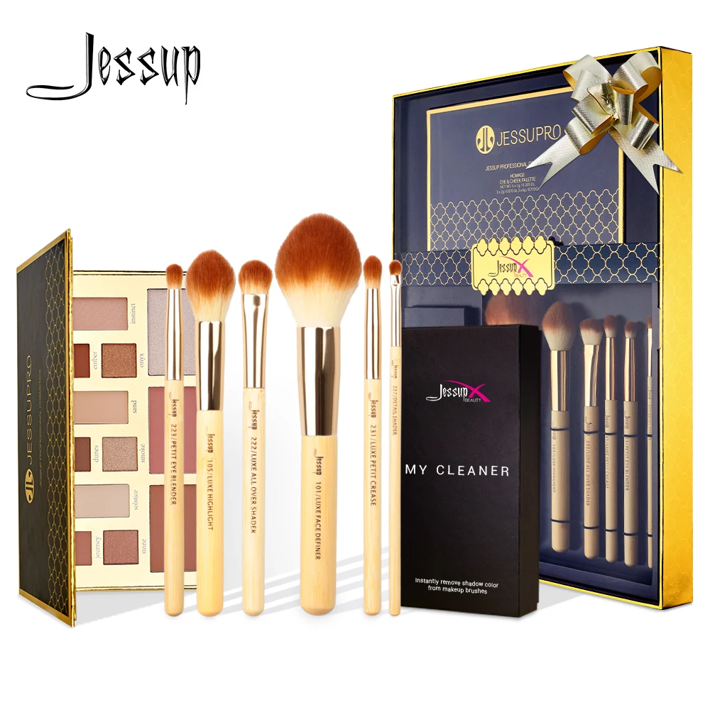 Jessup бамбуковая Кисть для макияжа набор кистей для пудры кисть для хайлайтера Чистящая губка и 12 цветов Палитра теней для век подарочная упаковка