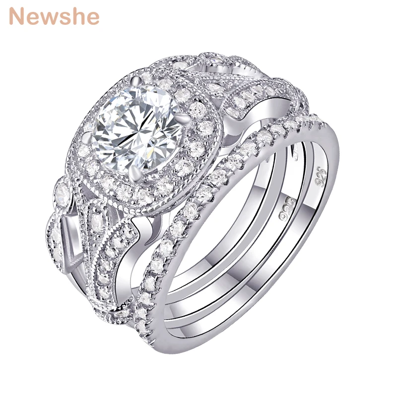 Newshe Wedding Rings Engagement Ring Set Round AAAA Cz 925 Sterling Silver 5-12 