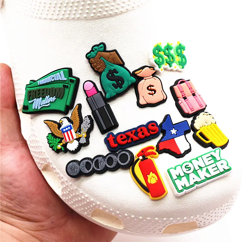 Novelty 31 Types Shoe Charms Accessories Texas Money Death Beer PVC Shoe Decoration Designer for croc jibz Kids X-mas Party Gift
